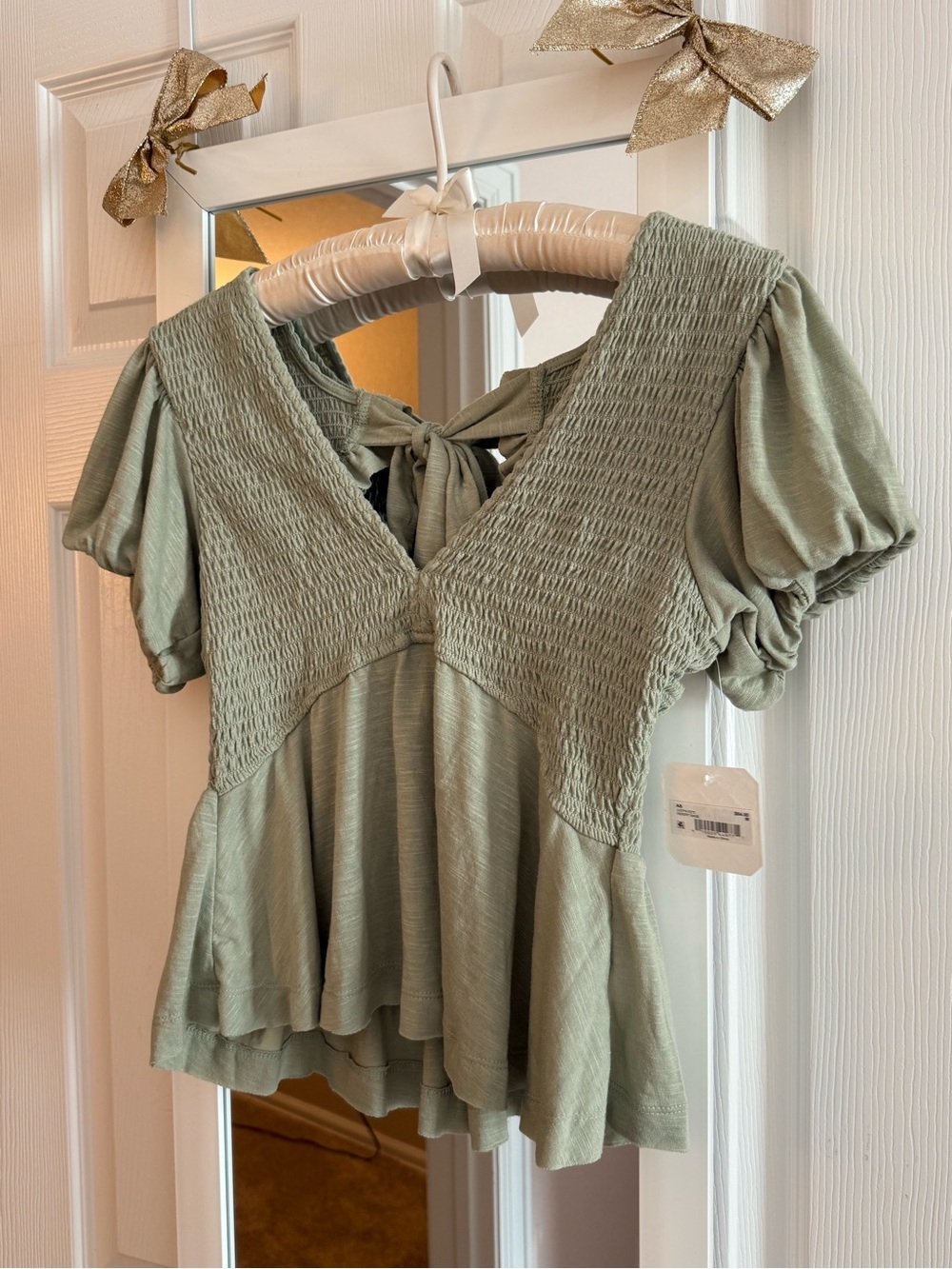 Altar'd State Sage Green Smocked V‑Neck Peplum Blouse